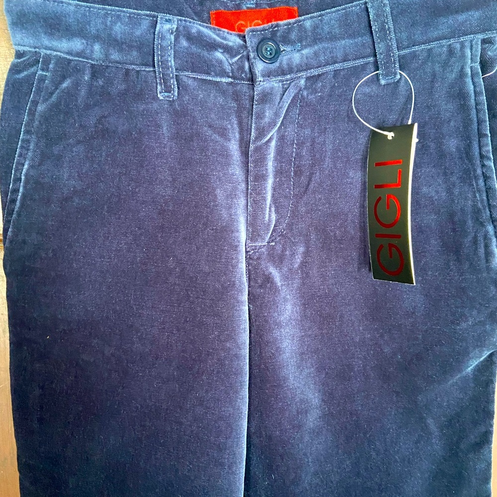 Gigli navy blue boys flat front trousers.